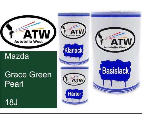 Mazda, Grace Green Pearl, 18J: 500ml Lackdose + 500ml Klarlack + 250ml Härter - Set, von ATW Autoteile West.